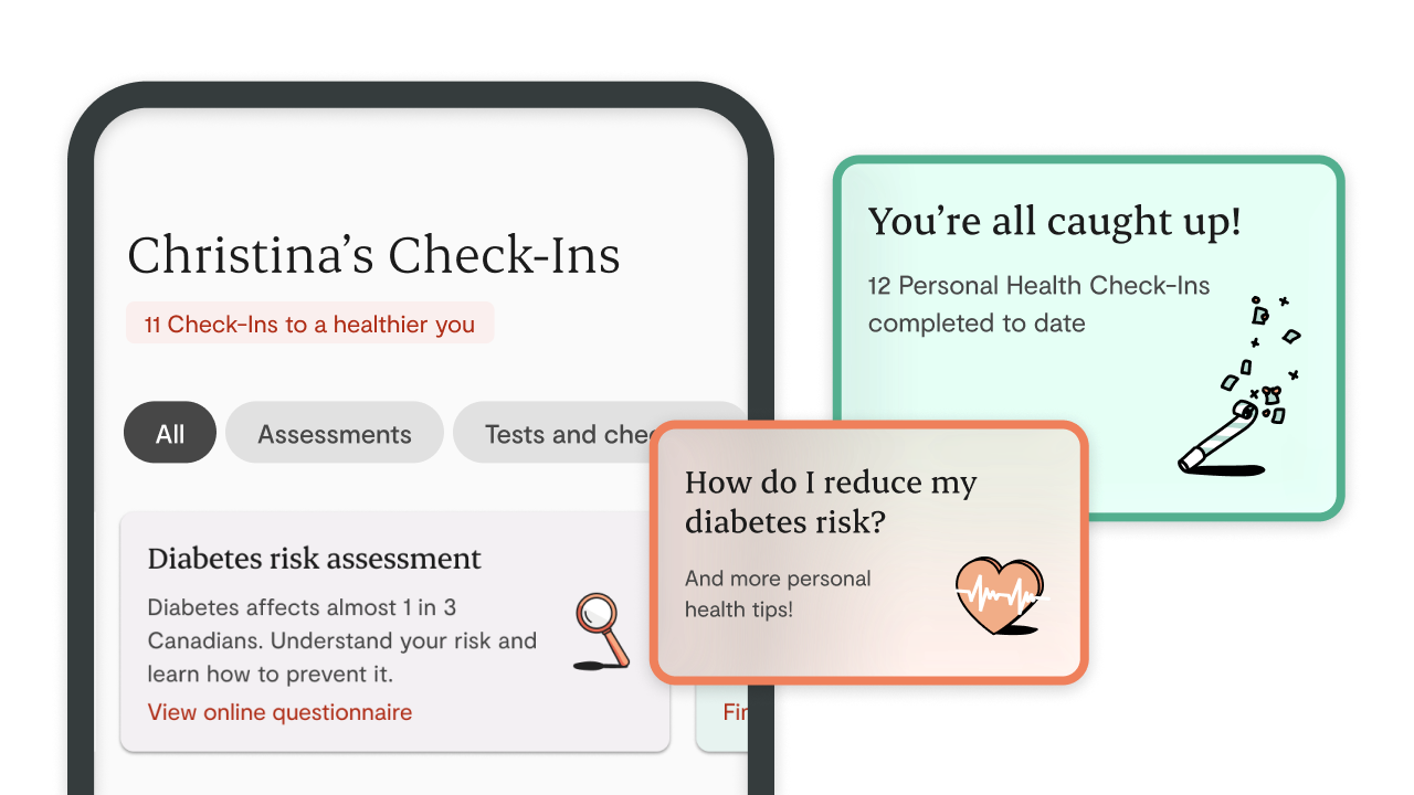 Screens showing health check-ins for someone named Christina, as well as health tips and congratulations for completing them