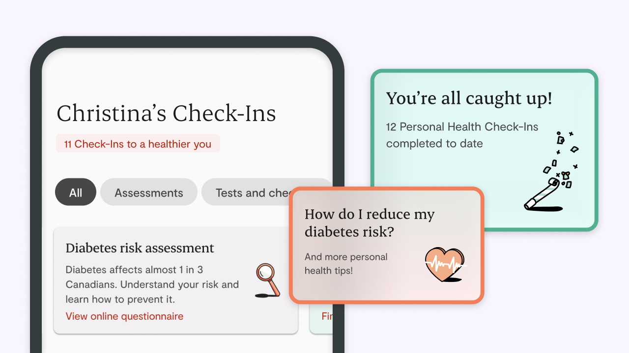 Screens showing health check-ins for someone named Christina, as well as health tips and congratulations for completing them